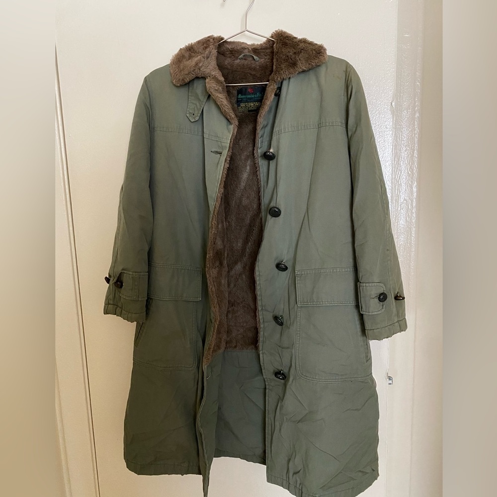 Vintage A&F Faux Fur Lined Military Green Coat